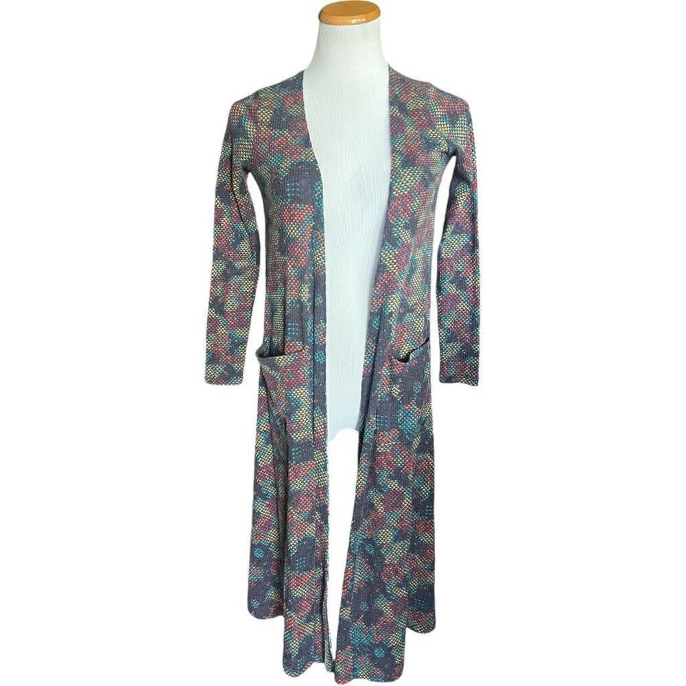 Womens Lularoe Multi-Colored Triangle Print Sarah Sweater Cardigan Duster  Sz XS